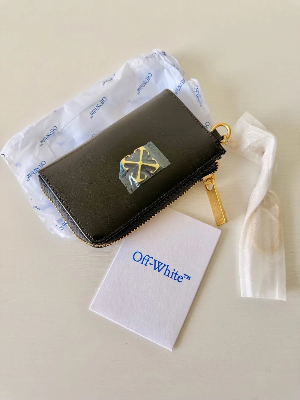 New Off-White Black Keychain Wallet, Leather Zip Card Pouch with Gold Zipper